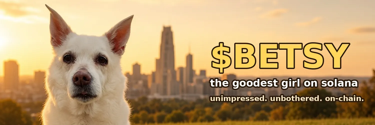 $BETSY banner: Betsy with her big ears in front of a sunset city skyline