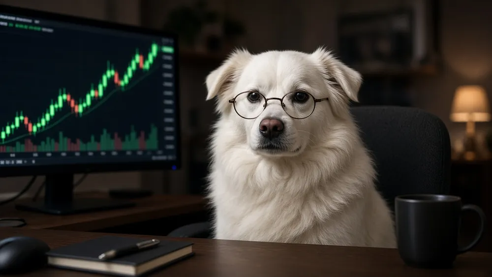 Meme: a white dog in glasses looking unimpressed at a chart